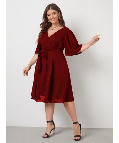 Women's Plus Size Bell Sleeve V Neck Wrap Belted A Line Swing Midi Dress Burgundy $14.24 Dresses