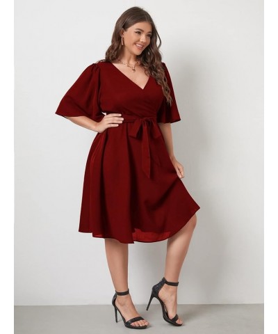 Women's Plus Size Bell Sleeve V Neck Wrap Belted A Line Swing Midi Dress Burgundy $14.24 Dresses