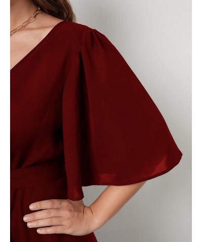 Women's Plus Size Bell Sleeve V Neck Wrap Belted A Line Swing Midi Dress Burgundy $14.24 Dresses