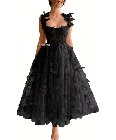 Women's 3D Butterfly Tulle Prom Dresses Tea Length Lace Embroidery A Line Fairy Corset Prom Evening Gown for Teens Black $25....