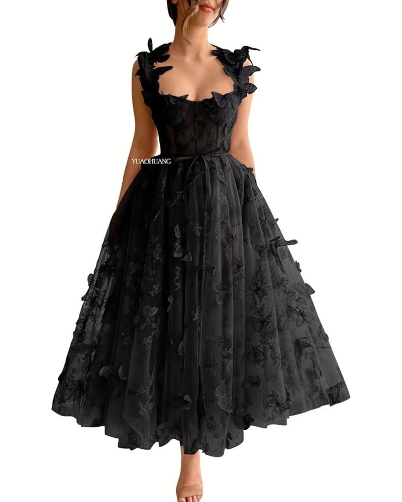 Women's 3D Butterfly Tulle Prom Dresses Tea Length Lace Embroidery A Line Fairy Corset Prom Evening Gown for Teens Black $25....