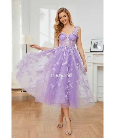 Women's 3D Butterfly Tulle Prom Dresses Tea Length Lace Embroidery A Line Fairy Corset Prom Evening Gown for Teens Black $25....