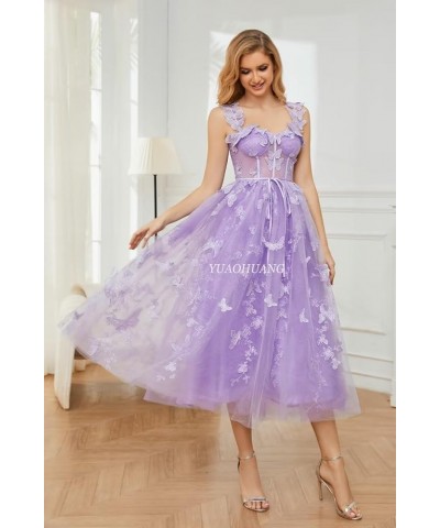 Women's 3D Butterfly Tulle Prom Dresses Tea Length Lace Embroidery A Line Fairy Corset Prom Evening Gown for Teens Black $25....