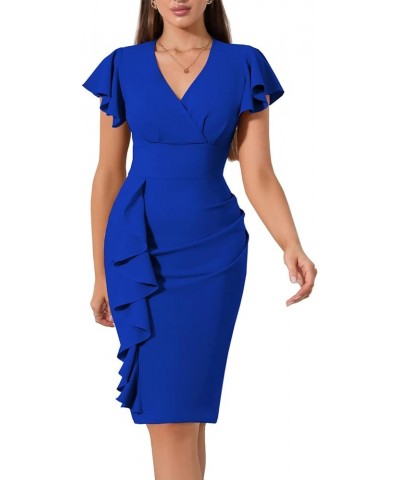 Women Short Ruffled Sleeve Wrap V Neck Cocktail Formal Wedding Guest Party Business Casual Dress A-blue $12.25 Dresses