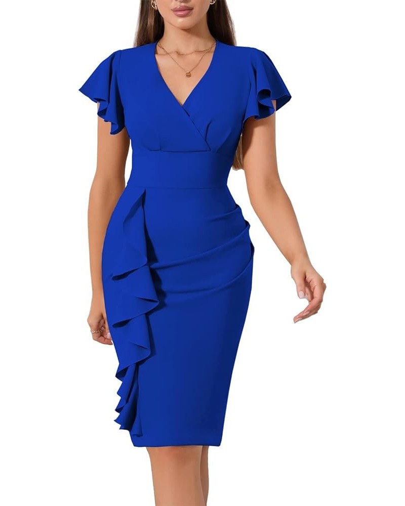 Women Short Ruffled Sleeve Wrap V Neck Cocktail Formal Wedding Guest Party Business Casual Dress A-blue $12.25 Dresses