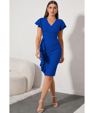 Women Short Ruffled Sleeve Wrap V Neck Cocktail Formal Wedding Guest Party Business Casual Dress A-blue $12.25 Dresses