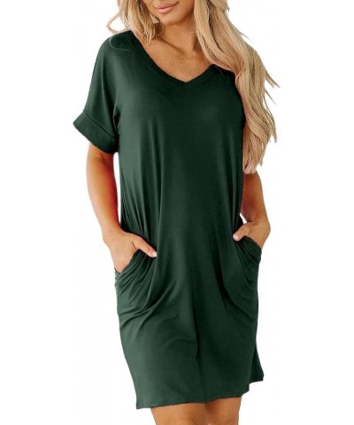 Womens Short Sleeve Pleated Loose Swing Casual Dresses with Pockets Knee Length Summer V Neck Tunic Dress Dark Green $11.79 D...