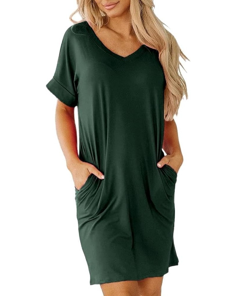 Womens Short Sleeve Pleated Loose Swing Casual Dresses with Pockets Knee Length Summer V Neck Tunic Dress Dark Green $11.79 D...