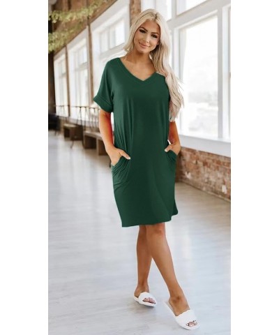 Womens Short Sleeve Pleated Loose Swing Casual Dresses with Pockets Knee Length Summer V Neck Tunic Dress Dark Green $11.79 D...